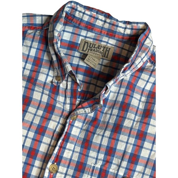Duluth Trading Co Mens Large Tall‎ Button Down Short Sleeve Red Blue Shirt - Picture 1 of 6